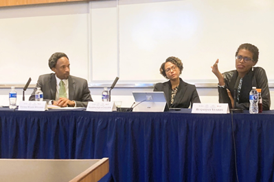 In the panel “Genomics, AI, and the African Diaspora,” part of WCL’s Future of Health Care Series, assistant professor of law Thomas Wilson Williams moderated the discussion between Shawneequa Callier, associate professor of clinical research and leadership at George Washington University’s School of Medicine & Health Sciences, and Ruqaiijah Yearby, the Ohio State University Moritz College of Law’s Kara J. Trott Professor in Health Law.